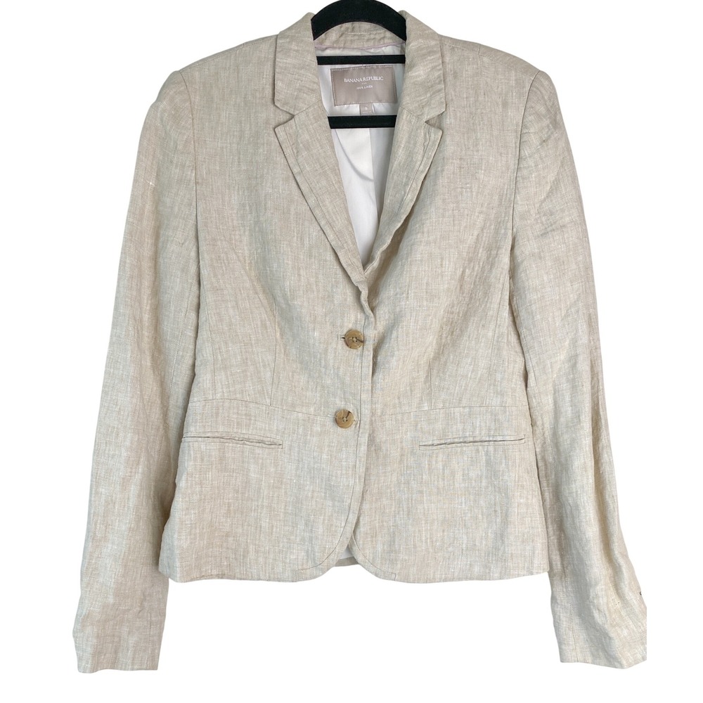 Banana Republic Womens Blazer 8 Beige 100% Linen Two Button Tailored Jacket